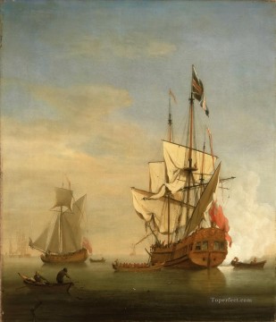 Un barco inglés de sexta categoría disparando un saludo mientras una barcaza abandona un yate real cercano Pinturas al óleo